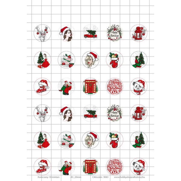 Karácsony-10 Üveglencsés ékszerpapír 20mm 15 féle minta A5