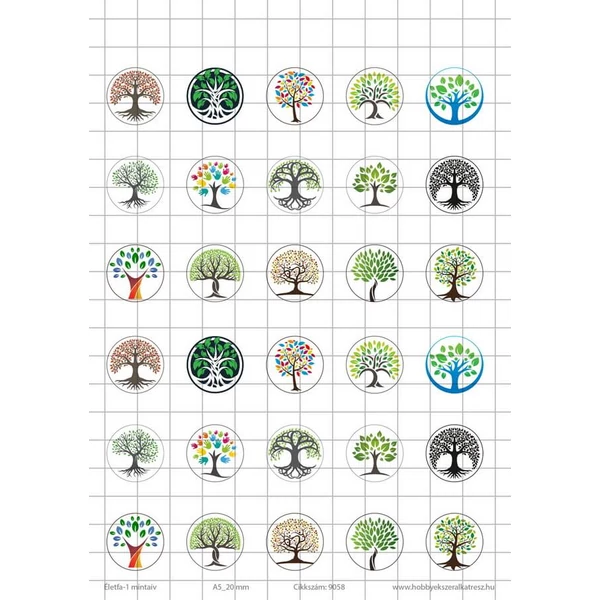 Eletfa-1 Üveglencsés ékszerpapír 20mm 15 féle minta A5