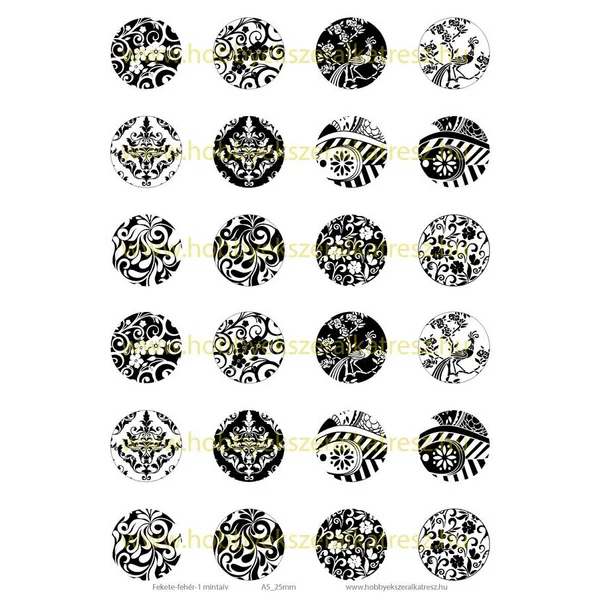 Fekete-fehér-1 Üveglencsés ékszerpapír 25mm 12 féle minta A5