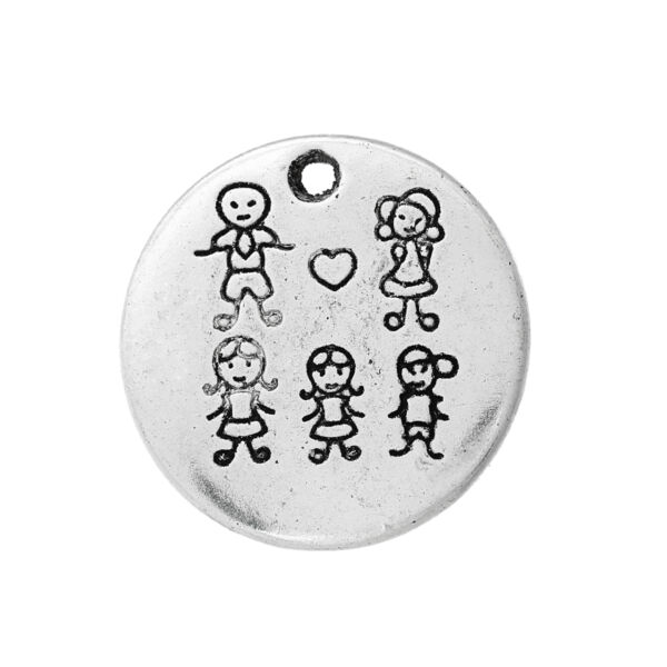 Antikolt ezüst színű családi kép 3 gyerekkel kör alakú fityegő/2db