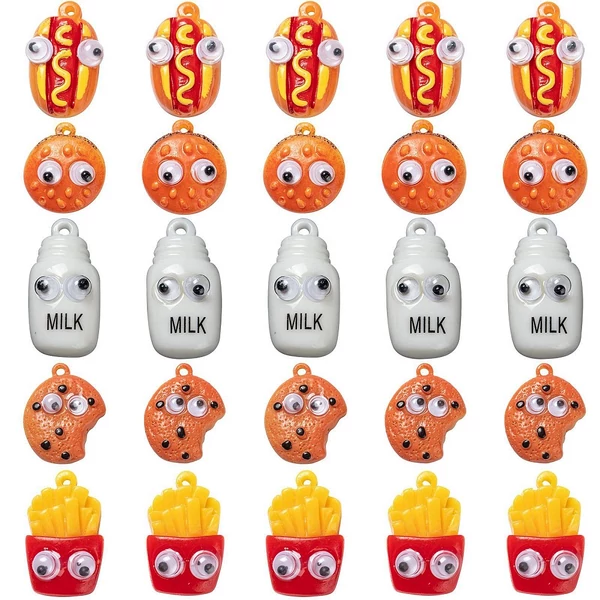 Színes akril sütemény, chips, hamburger csomag műanyag dobozban (25db gyöngy)