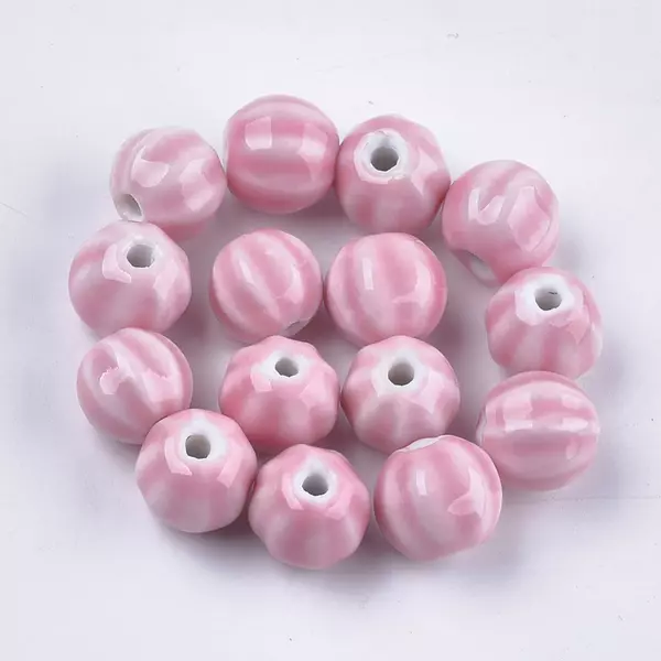 Rózsaszín csíkos porcelán, kerámia gyöngy (12x10mm)