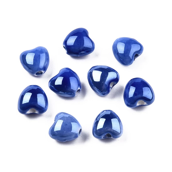 Szív alakú királykék porcelán, kerámia gyöngy (10mm)