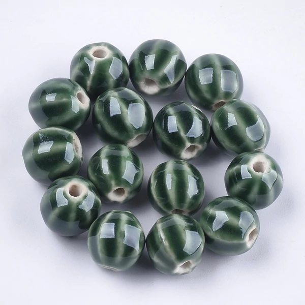 2db Zöld csíkos porcelán, kerámia gyöngy (12x10mm)