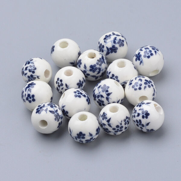 Kék virág mintás porcelán, kerámia gyöngy (10mm)