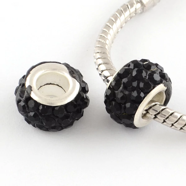 Strasszos fekete nagy lyukú gyöngy (11x7mm)