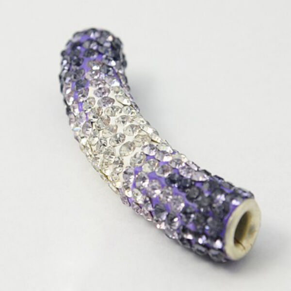 Strasszal díszített, lila cső alakú gyöngy (47x9mm)