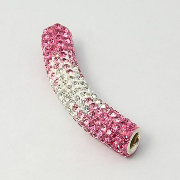 Strasszal díszített, világos rózsaszín cső alakú gyöngy (47x9mm)