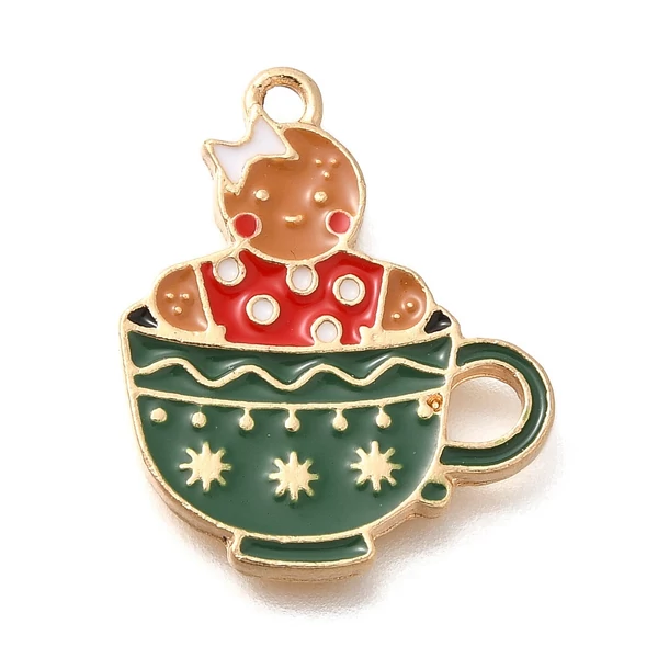 Zománcozott karácsonyi színekben játszó fityegő: aprólékosan kidolgozott mézeskalács emberke bögrében.