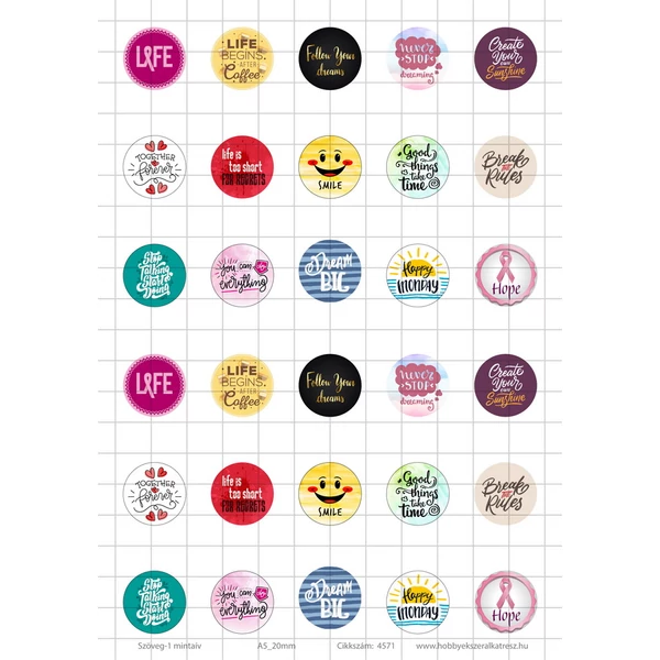 Szöveg-1 Üveglencsés ékszerpapír 20mm 15 féle minta A5
