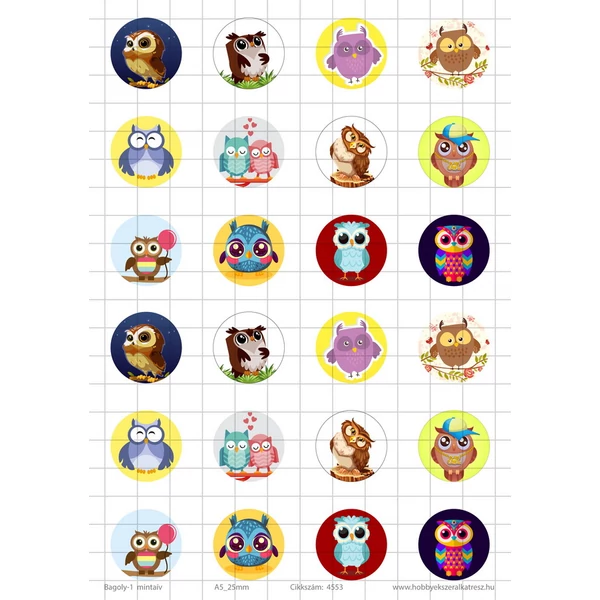 Bagoly-1 Üveglencsés ékszerpapír 25mm 12 féle minta A5