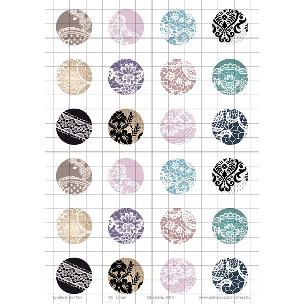 Csipke-2 Üveglencsés ékszerpapír 25mm 12 féle minta A5