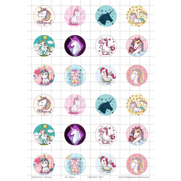 Unikornis-1 Üveglencsés ékszerpapír 25mm 12 féle minta A5