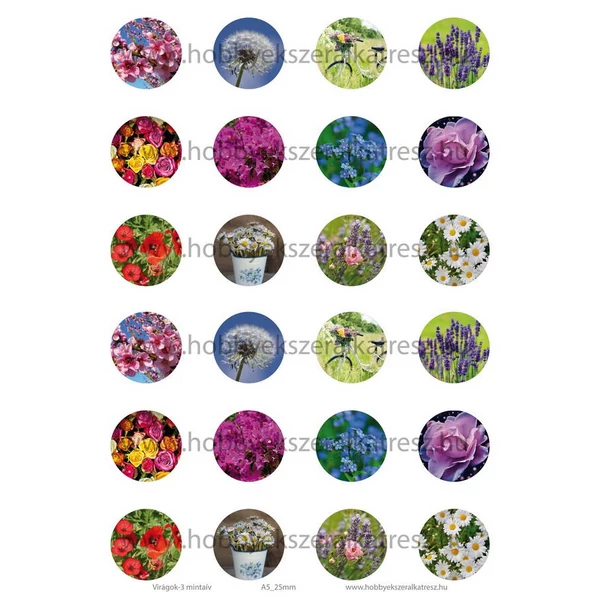 Virágok-3 Üveglencsés ékszerpapír 25mm 12 féle minta A5