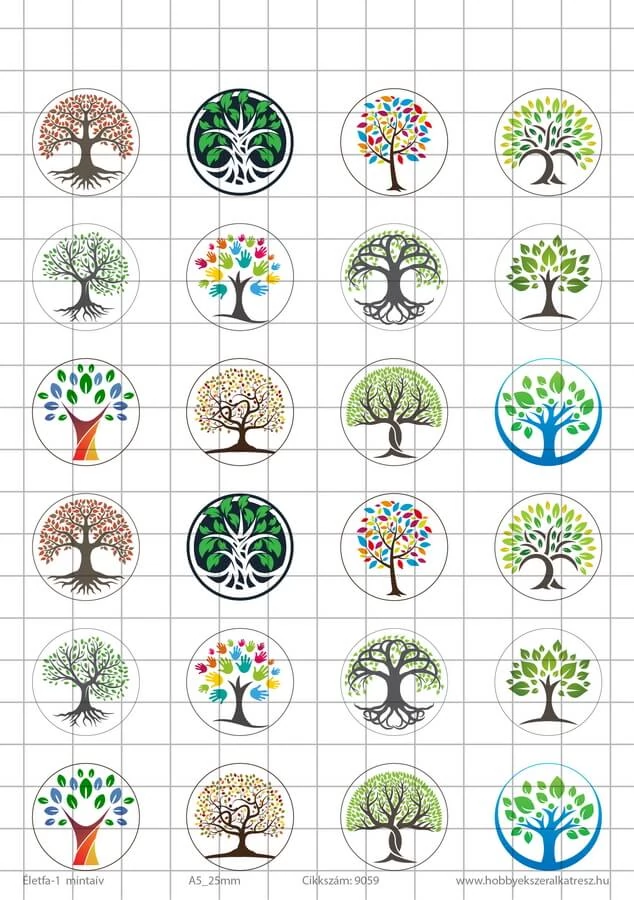 Eletfa-1 Üveglencsés ékszerpapír 25mm 12 féle minta A5