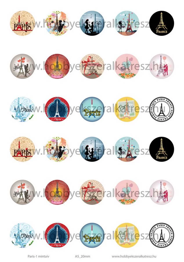 Paris-1 Üveglencsés ékszerpapír 20mm 15 féle minta A5