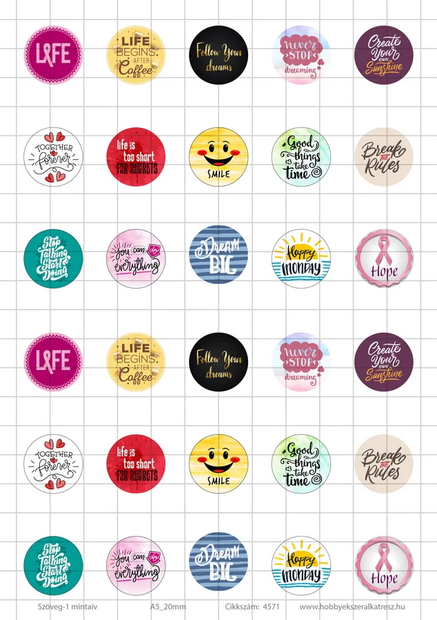Szöveg-1 Üveglencsés ékszerpapír 20mm 15 féle minta A5