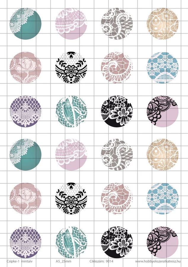 Csipke-1 Üveglencsés ékszerpapír 25mm 12 féle minta A5