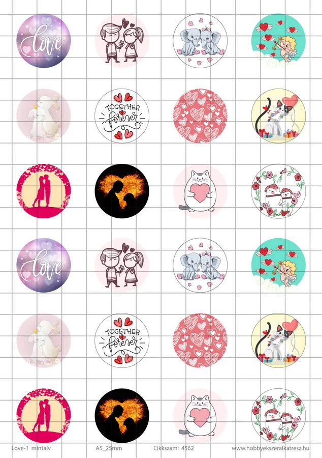 Love-1 Üveglencsés ékszerpapír 25mm 12 féle minta A5