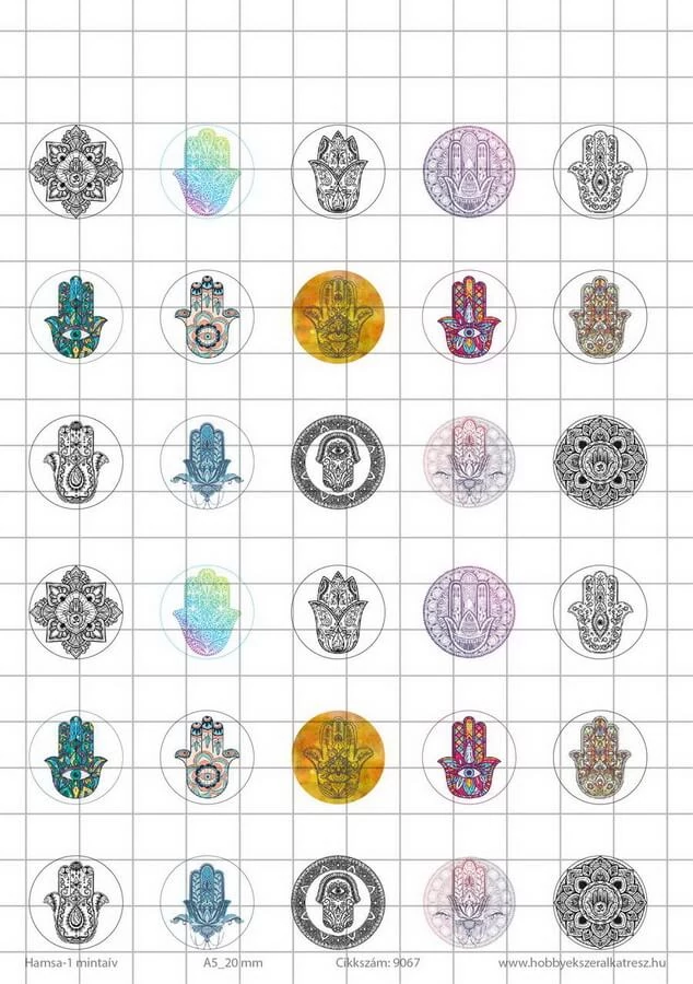 Hamsa-1 Üveglencsés ékszerpapír 20mm 15 féle minta A5
