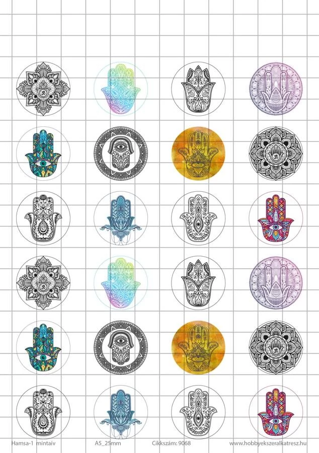 Hamsa-1 Üveglencsés ékszerpapír 25mm 12 féle minta A5
